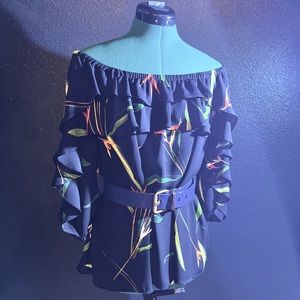 Black Floral Birds of Paradise Ruffled Blouse (belt pictured available seperate)